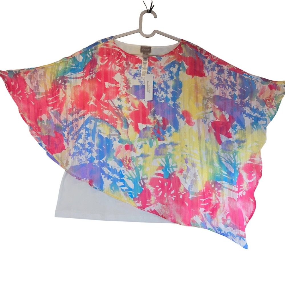 Chicos 2 Asymmetrical Poncho Overlay Tank Top Colorful Flowy Artsy Women 12 New